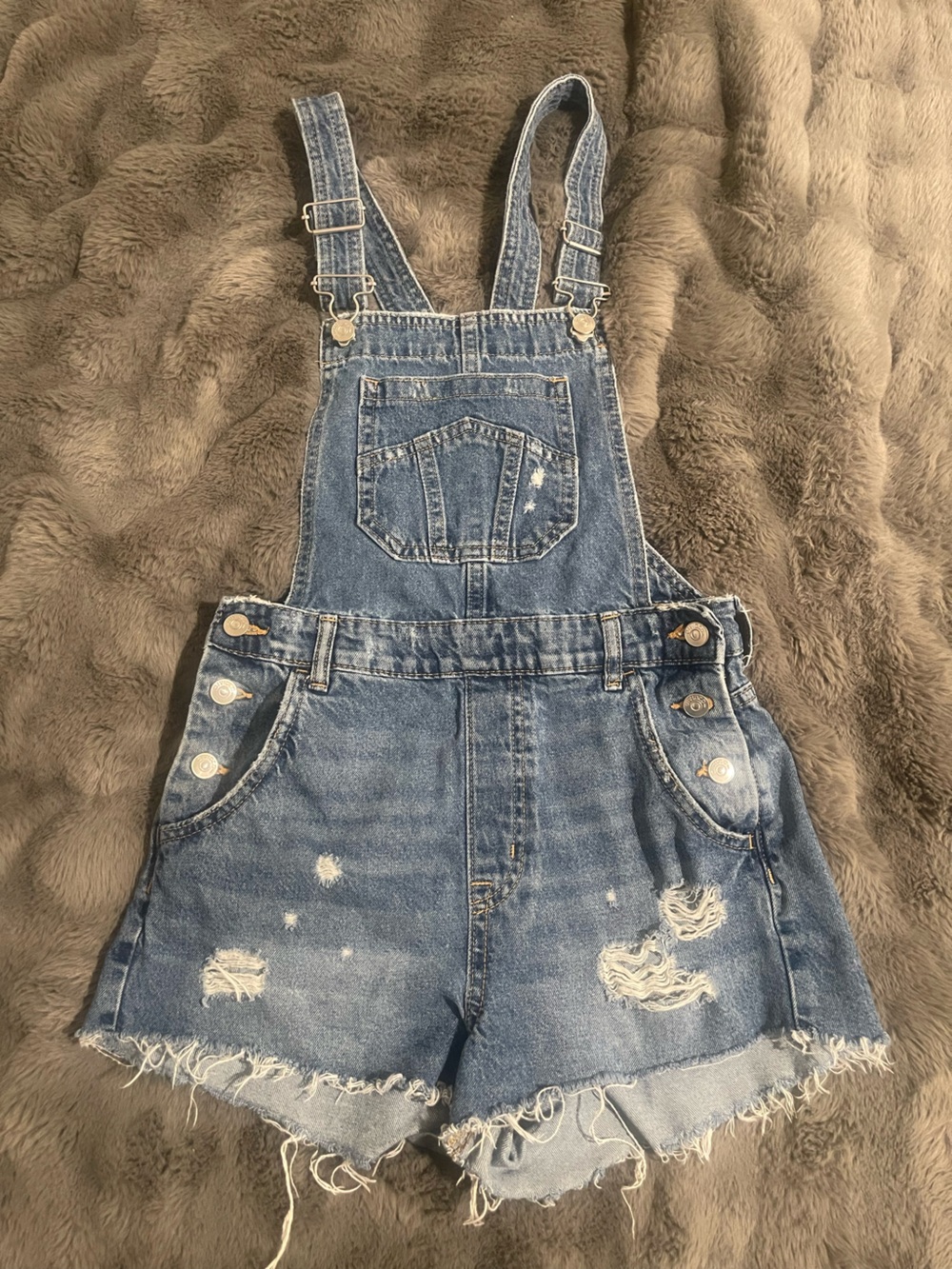 H&M Denim Distressed Short Overalls - Blue